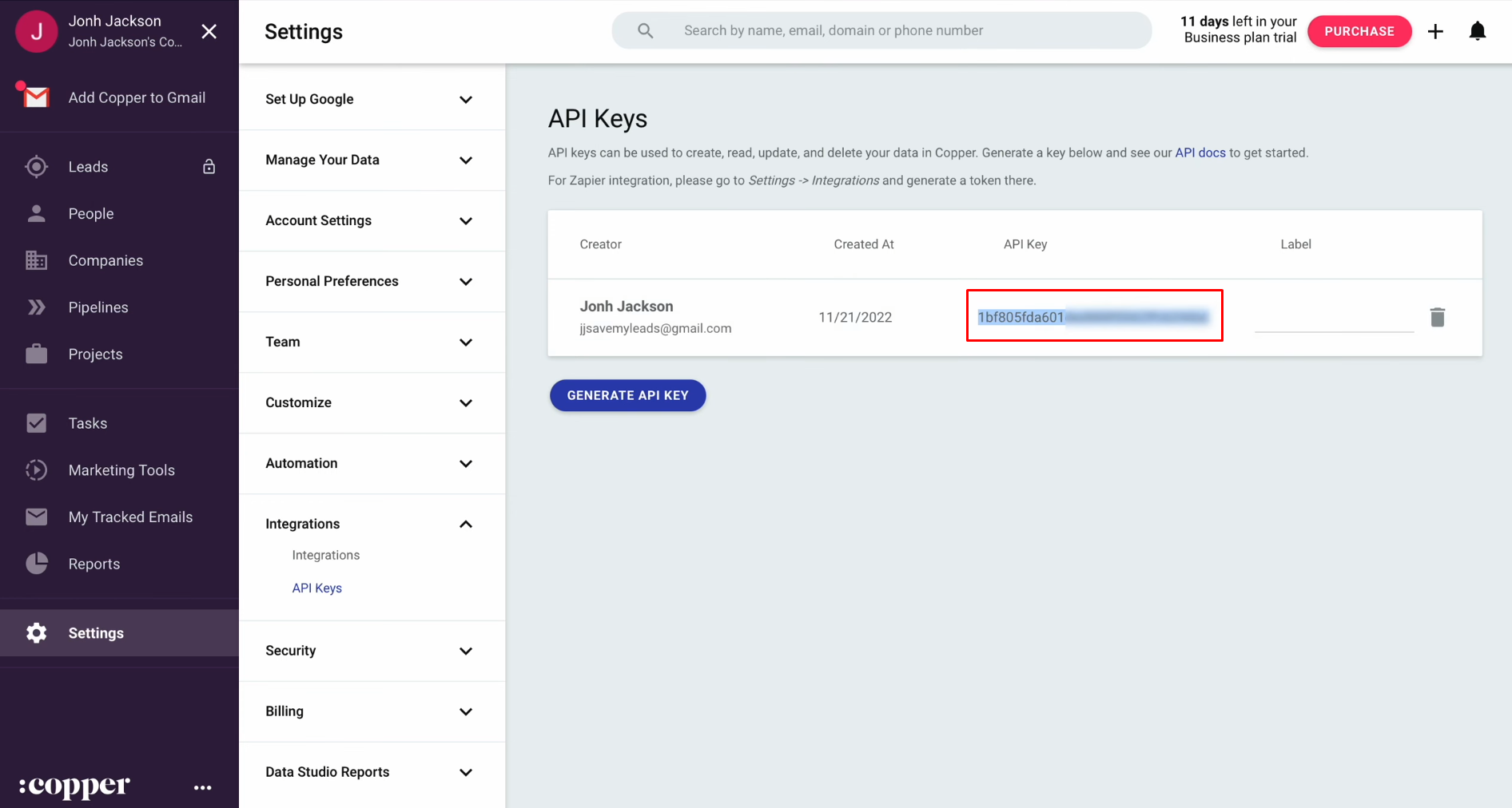 Google Lead Form and Copper integration | Copy the API key Google Lead Form and Copper integration | Copy the API key