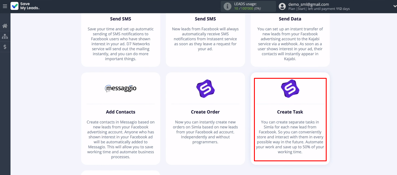 Facebook and Simla integration | Select "Simla (Create Task)" template Facebook and Simla integration | Select "Simla (Create Task)" template