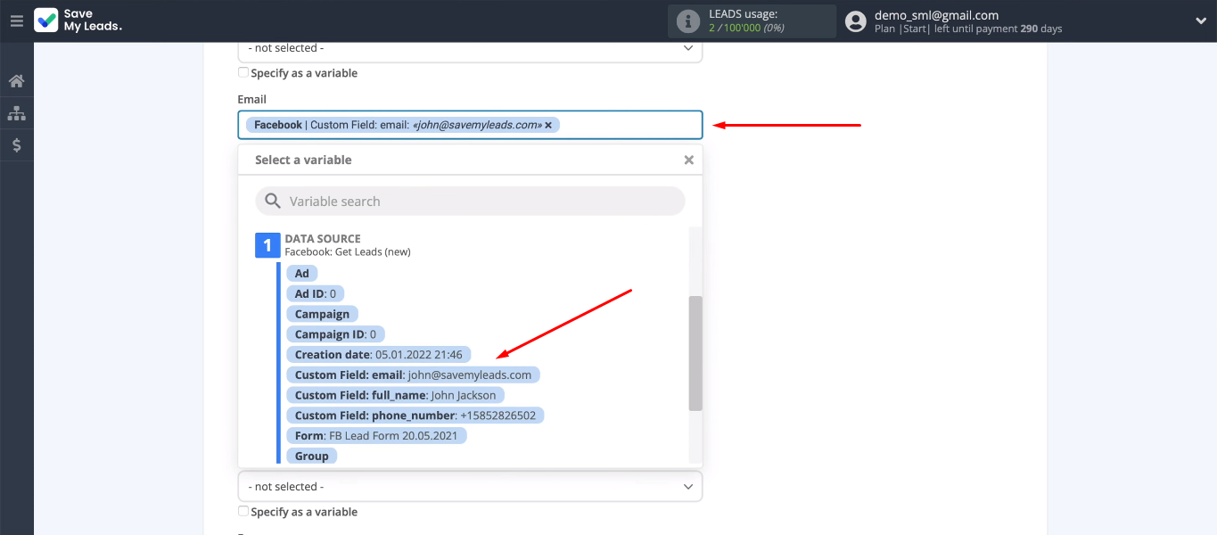 Facebook and Microsoft Dynamics 365 integration | Define the data for transfer Facebook and Microsoft Dynamics 365 integration | Define the data for transfer