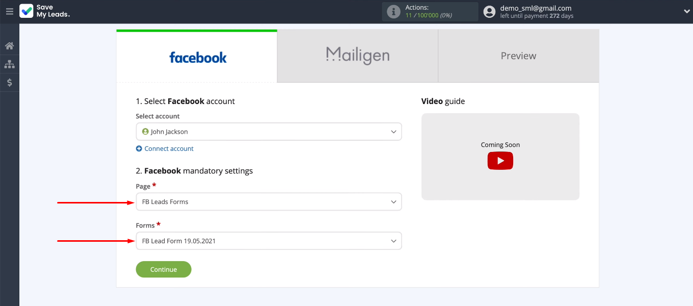 Facebook and Mailigen integration | Select an ad page and a lead form Facebook and Mailigen integration | Select an ad page and a lead form