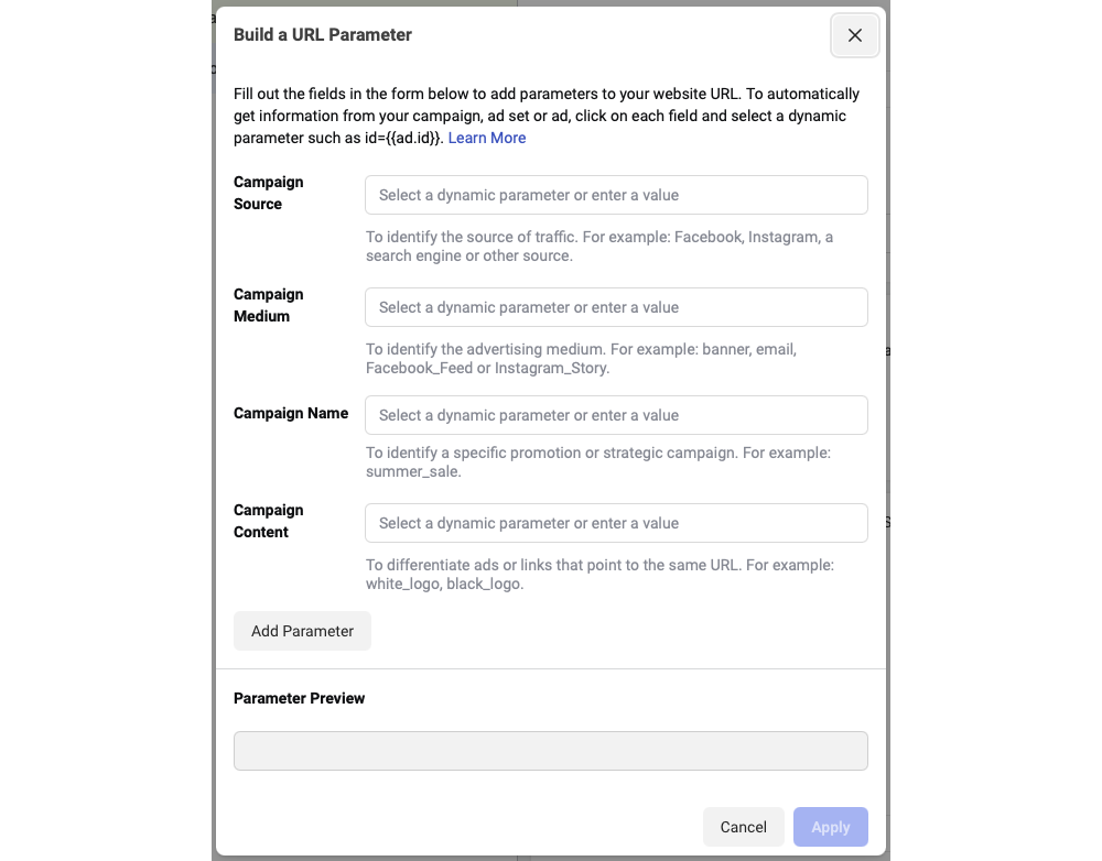 Set up UTM-parameters of a Facebook ad campaign Set up UTM-parameters of a Facebook ad campaign