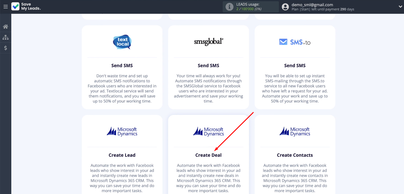 Facebook and Microsoft Dynamics 365 integration | Select template “Microsoft Dynamics (Create Deal)” Facebook and Microsoft Dynamics 365 integration | Select template “Microsoft Dynamics (Create Deal)”