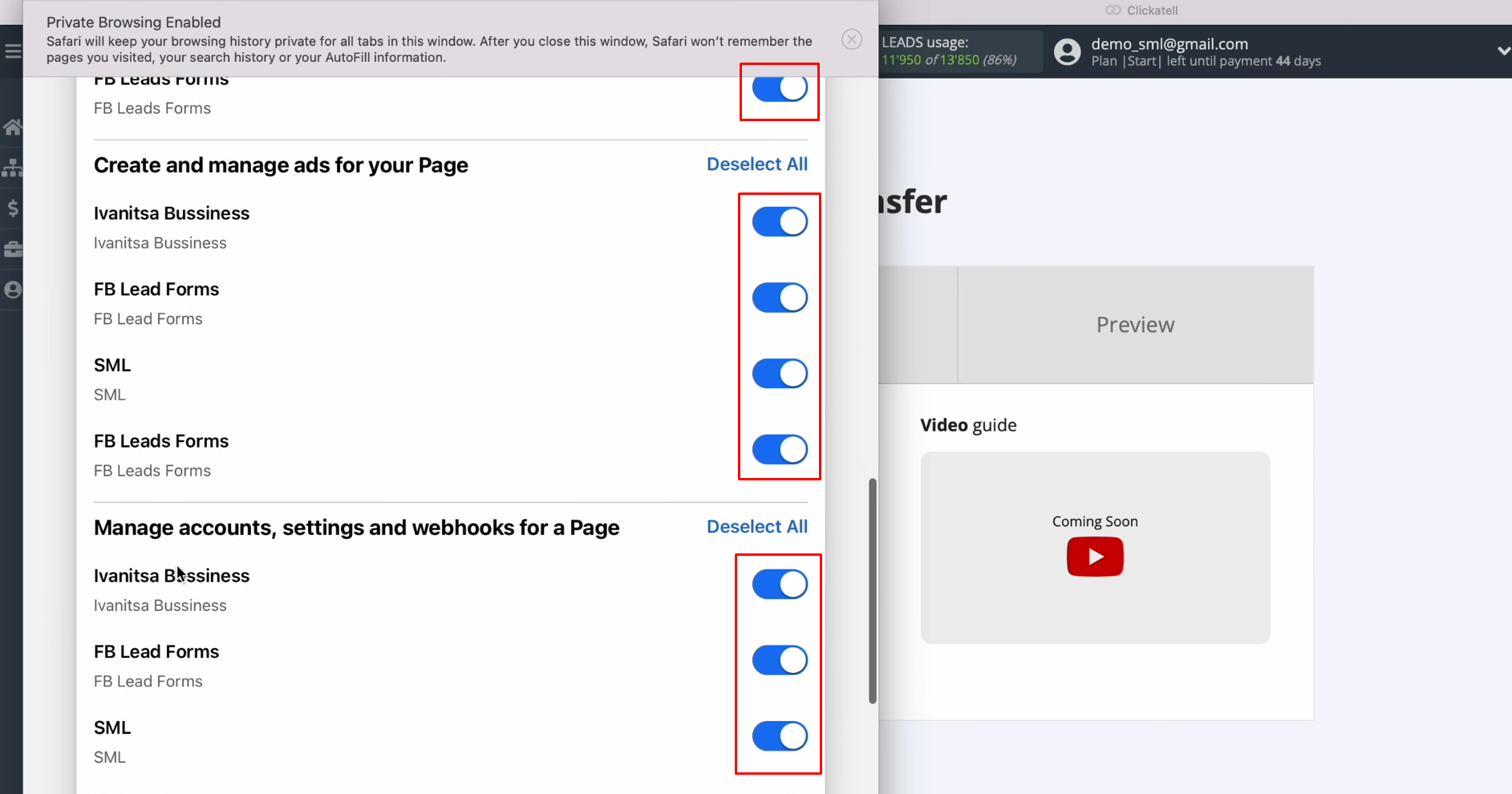 Facebook and Clickatell integration | Leave all access checkboxes enabled Facebook and Clickatell integration | Leave all access checkboxes enabled