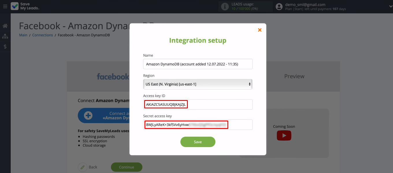 Facebook and Amazon DynamoDB integration | Complete all required fields in SML Facebook and Amazon DynamoDB integration | Complete all required fields in SML