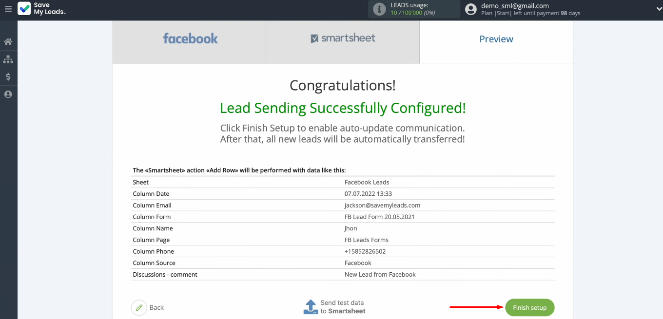 Facebook Lead Ads and Smartsheet integration | Click "Finish setup" Facebook Lead Ads and Smartsheet integration | Click "Finish setup"