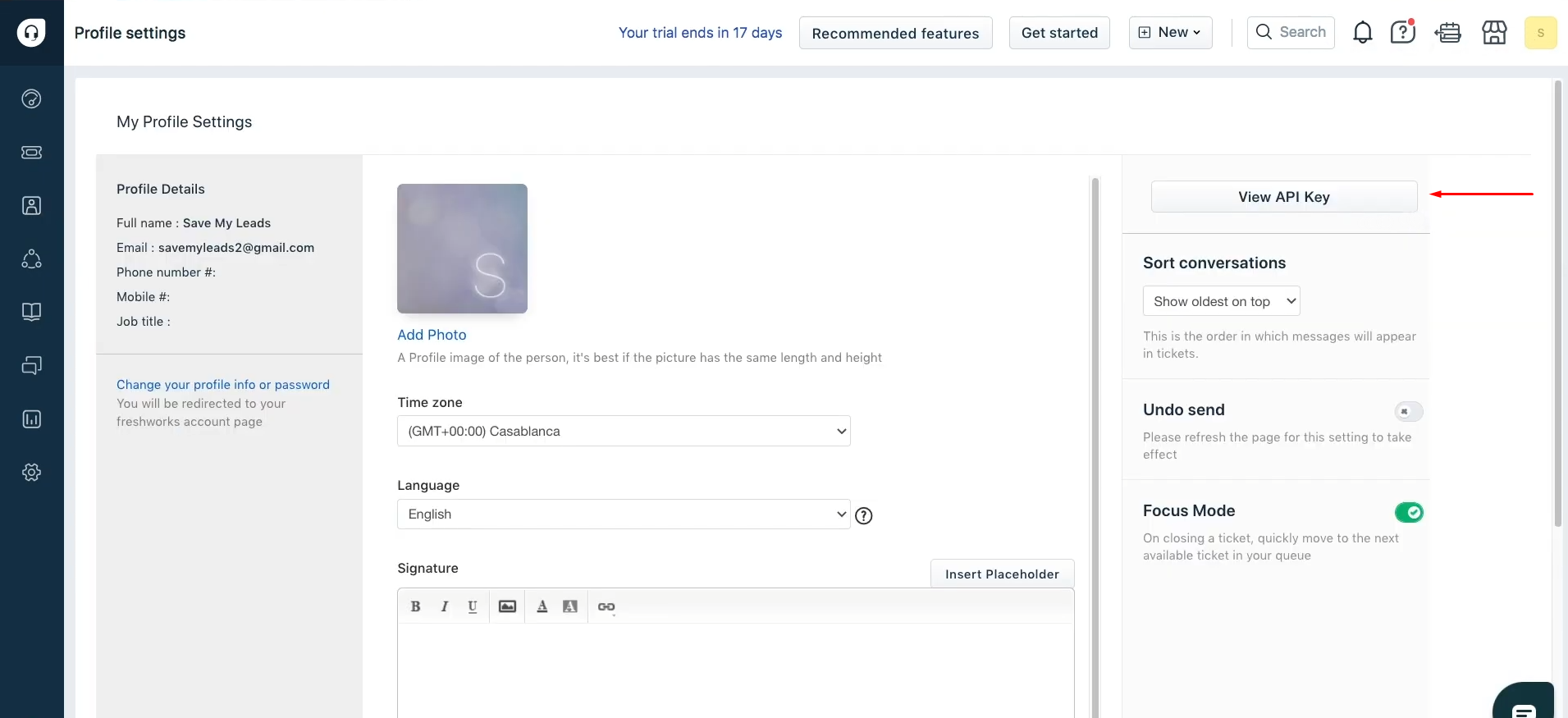 Facebook and Freshdesk integration | Click “View API key” Facebook and Freshdesk integration | Click “View API key”