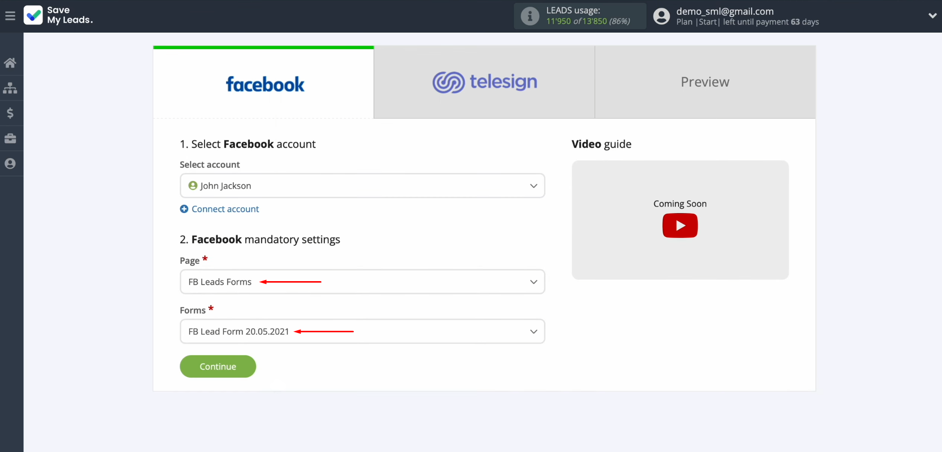 Telesign and Facebook integration | Select the advertising page and form Telesign and Facebook integration | Select the advertising page and form