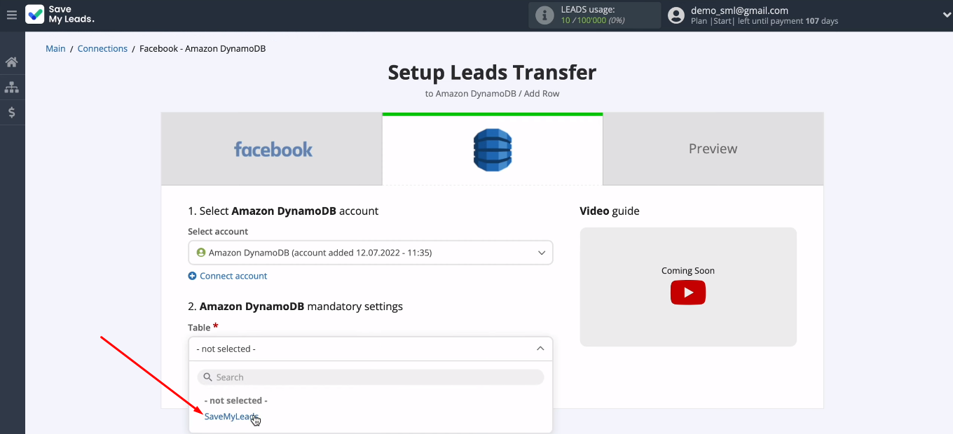 Facebook and Amazon DynamoDB integration | Select the table Facebook and Amazon DynamoDB integration | Select the table