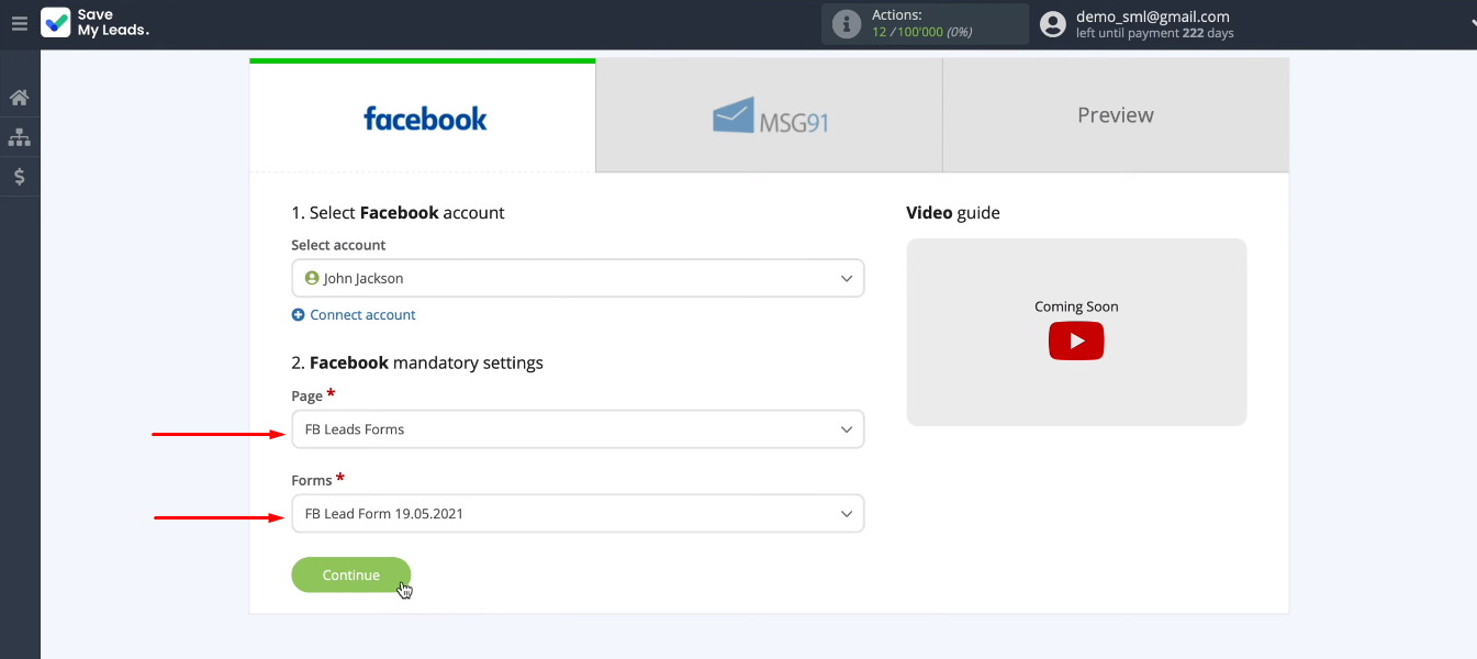 Facebook and MSG91 integration | Select page and form Facebook and MSG91 integration | Select page and form