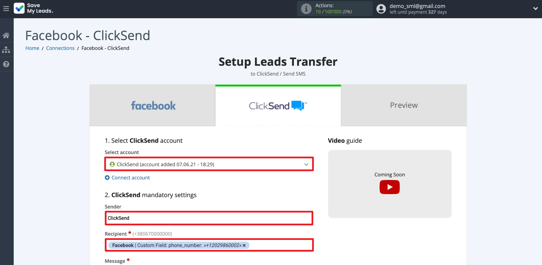 ClickSend and SaveMyLeads integration | Setting up message sending. Part 1 ClickSend and SaveMyLeads integration | Setting up message sending. Part 1