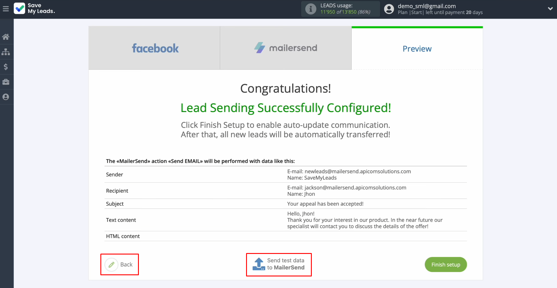 Facebook and MailerSend integration | An example of data Facebook and MailerSend integration | An example of data