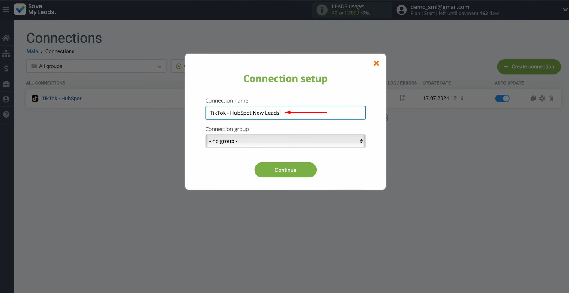 HubSpot integration with TikTok | Modify the connection name and assign it to a group HubSpot integration with TikTok | Modify the connection name and assign it to a group