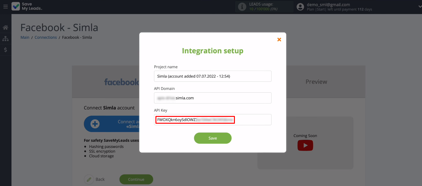 Facebook and Simla integration | Paste API key Facebook and Simla integration | Paste API key
