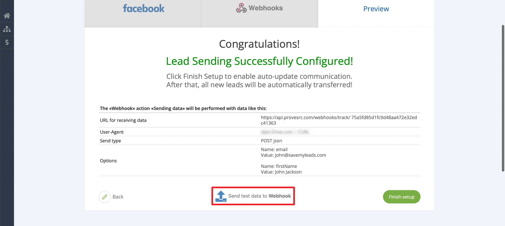 Facebook and Webhooks integration | Sending test data to ProveSource via Webhooks Facebook and Webhooks integration | Sending test data to ProveSource via Webhooks