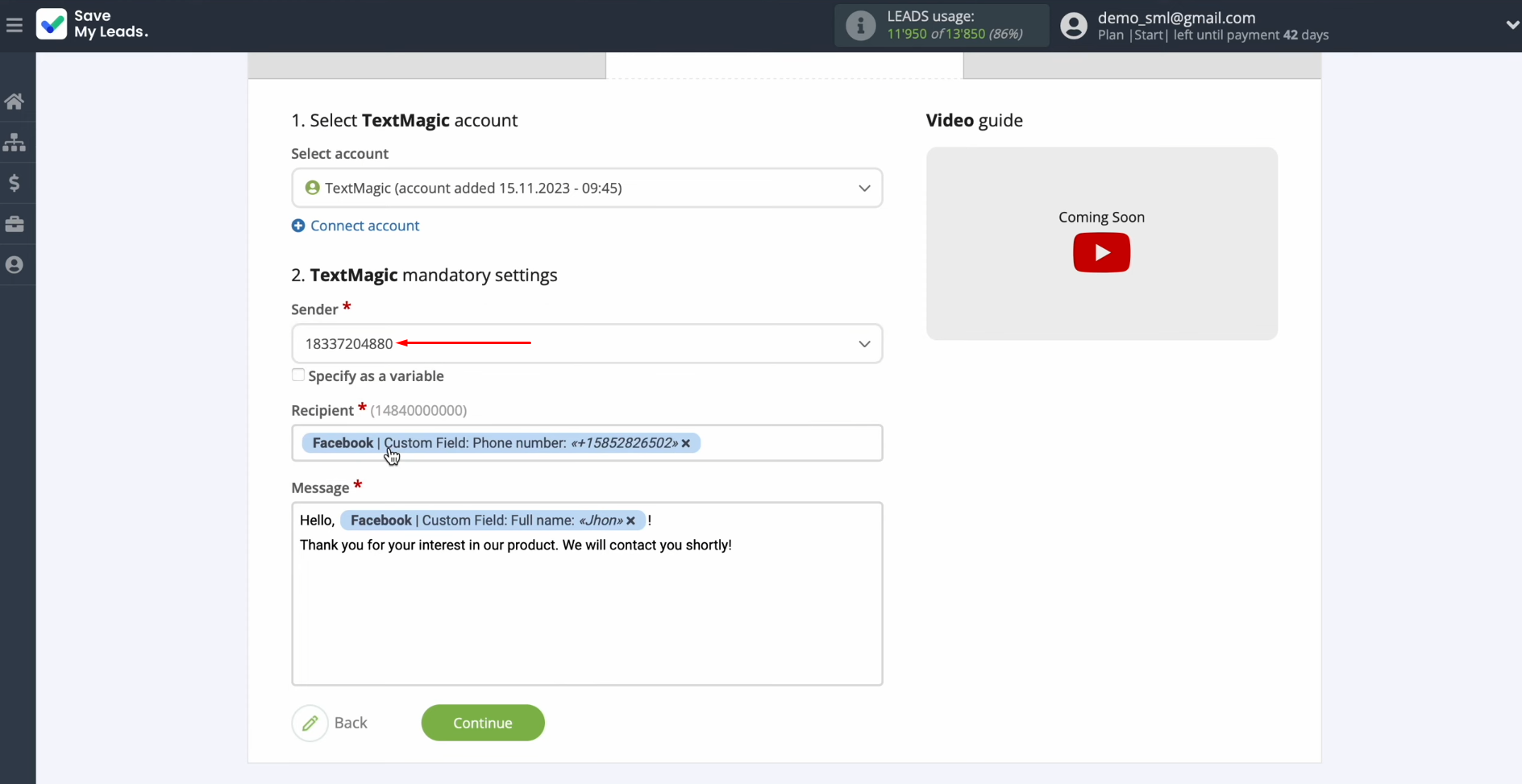 Textmagic and Facebook integration | Select the sender Textmagic and Facebook integration | Select the sender
