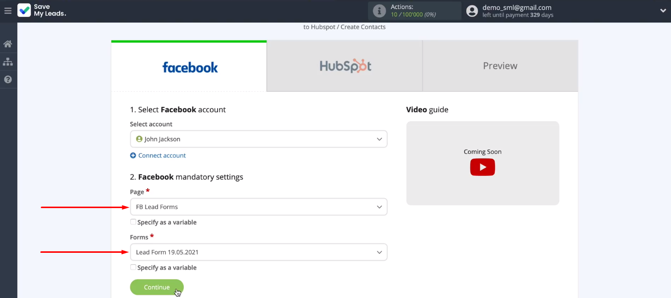 Facebook and HubSpot integration | Define the required parameters Facebook and HubSpot integration | Define the required parameters