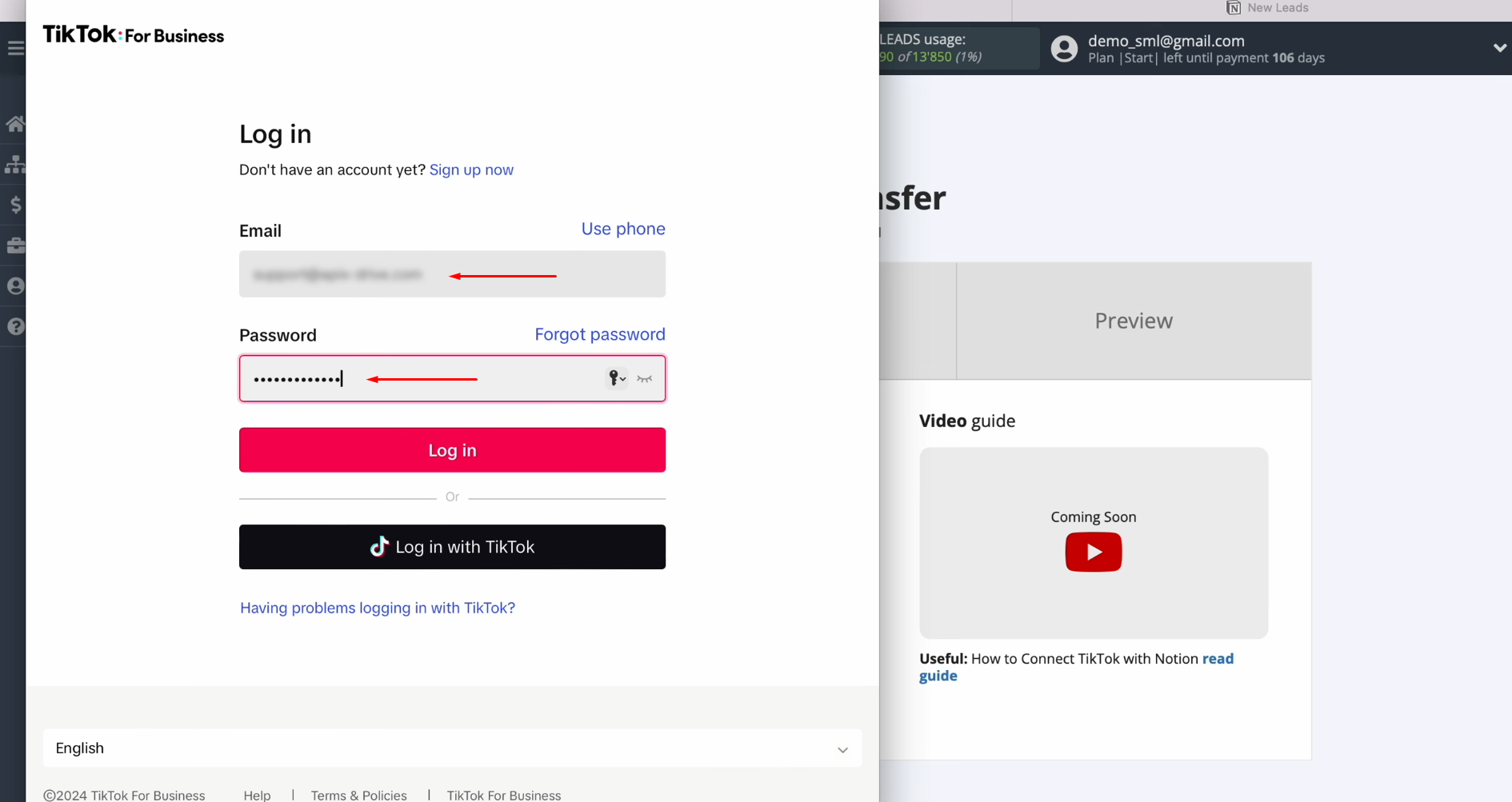 TikTok and Notion integration | Enter your TikTok personal account credentials TikTok and Notion integration | Enter your TikTok personal account credentials