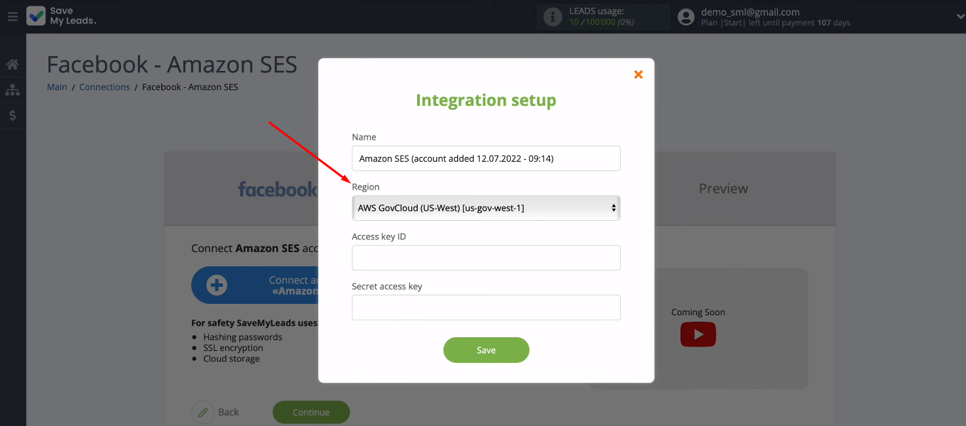 Facebook and Amazon SES integration | The "Region" field Facebook and Amazon SES integration | The "Region" field