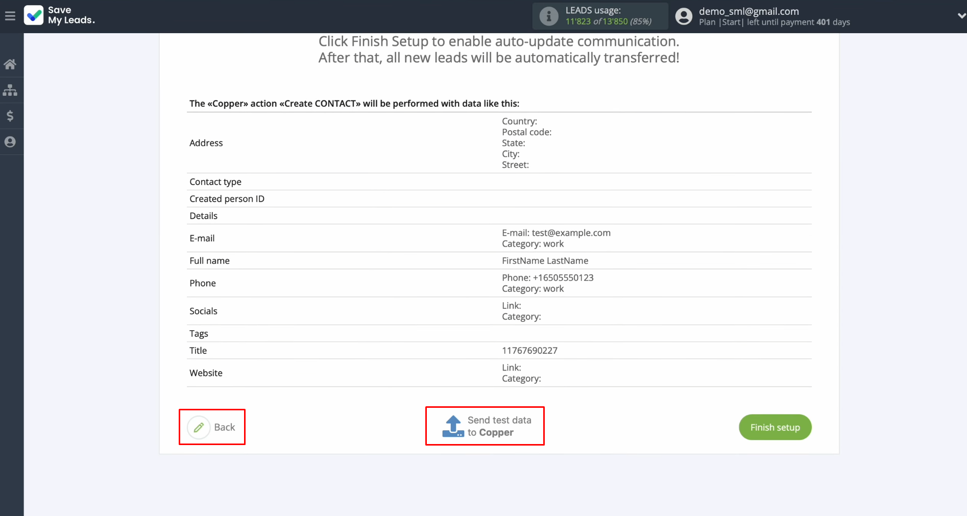 Google Lead Form and Copper integration | Сlick “Back” to revise the setup or “Send test data to Copper” Google Lead Form and Copper integration | Сlick “Back” to revise the setup or “Send test data to Copper”