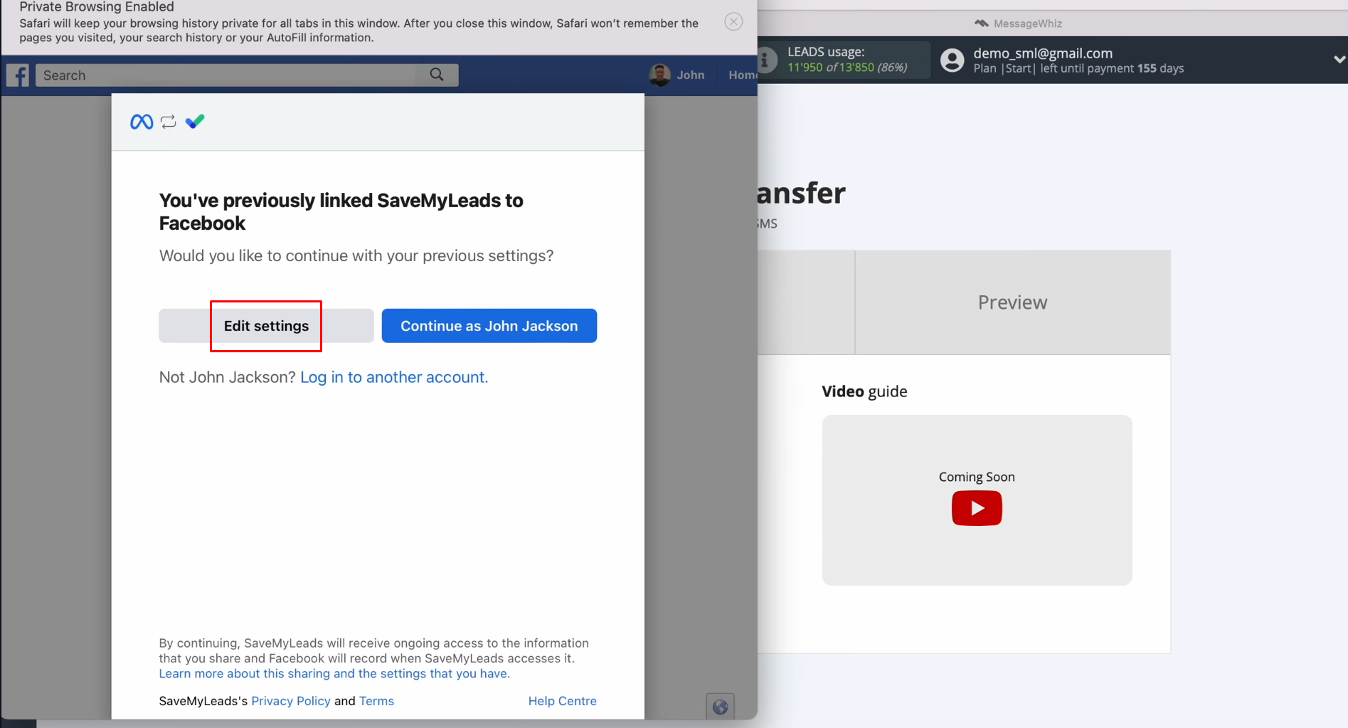 MessageWhiz and Facebook integration | Click on “Edit settings” MessageWhiz and Facebook integration | Click on “Edit settings”