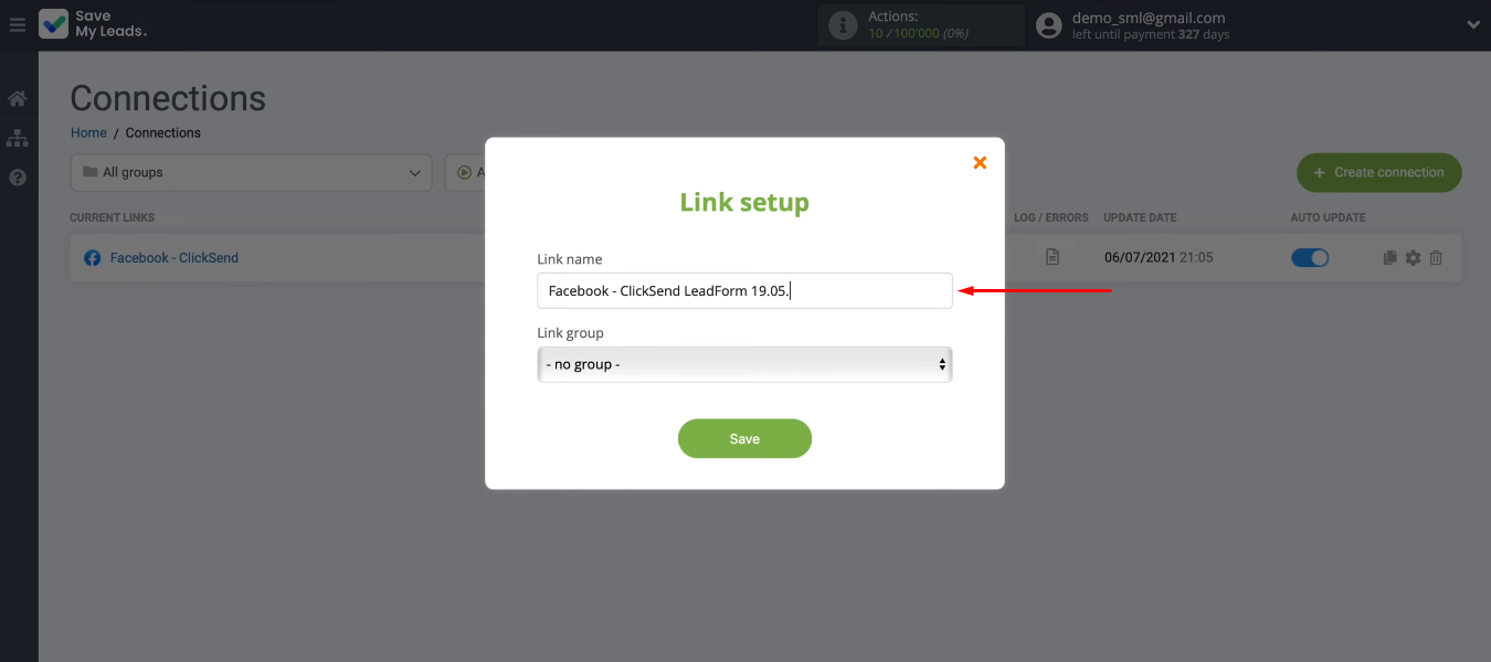 Facebook and ClickSend integration | Change connection name Facebook and ClickSend integration | Change connection name