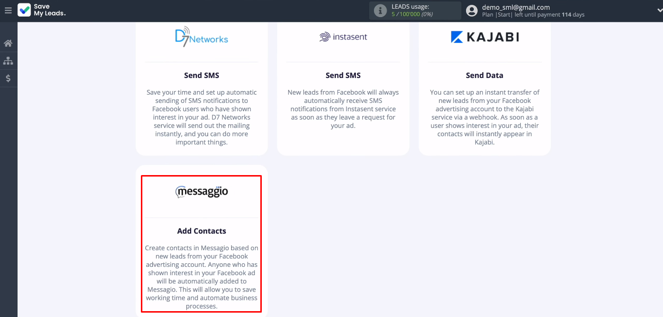 Facebook and Messaggio integration | Select the “Messaggio (Add contacts)” template Facebook and Messaggio integration | Select the “Messaggio (Add contacts)” template