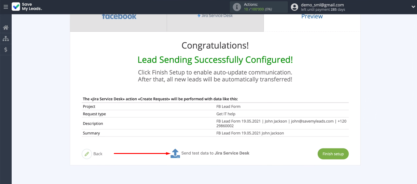 Facebook and Jira Service Desk integration | Send test data to Jira Service Desk Facebook and Jira Service Desk integration | Send test data to Jira Service Desk
