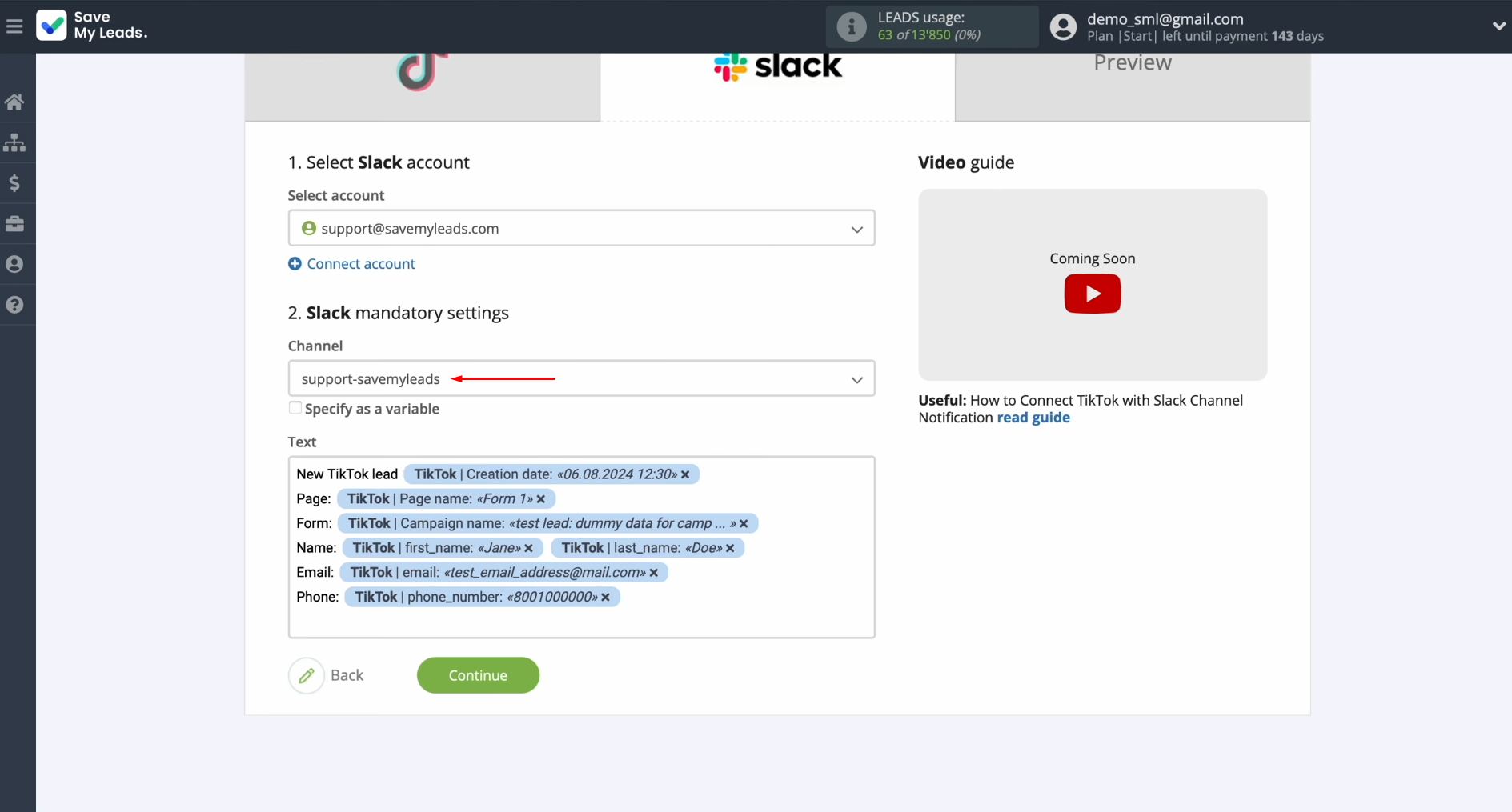 TikTok and Slack integration | Select the channel TikTok and Slack integration | Select the channel