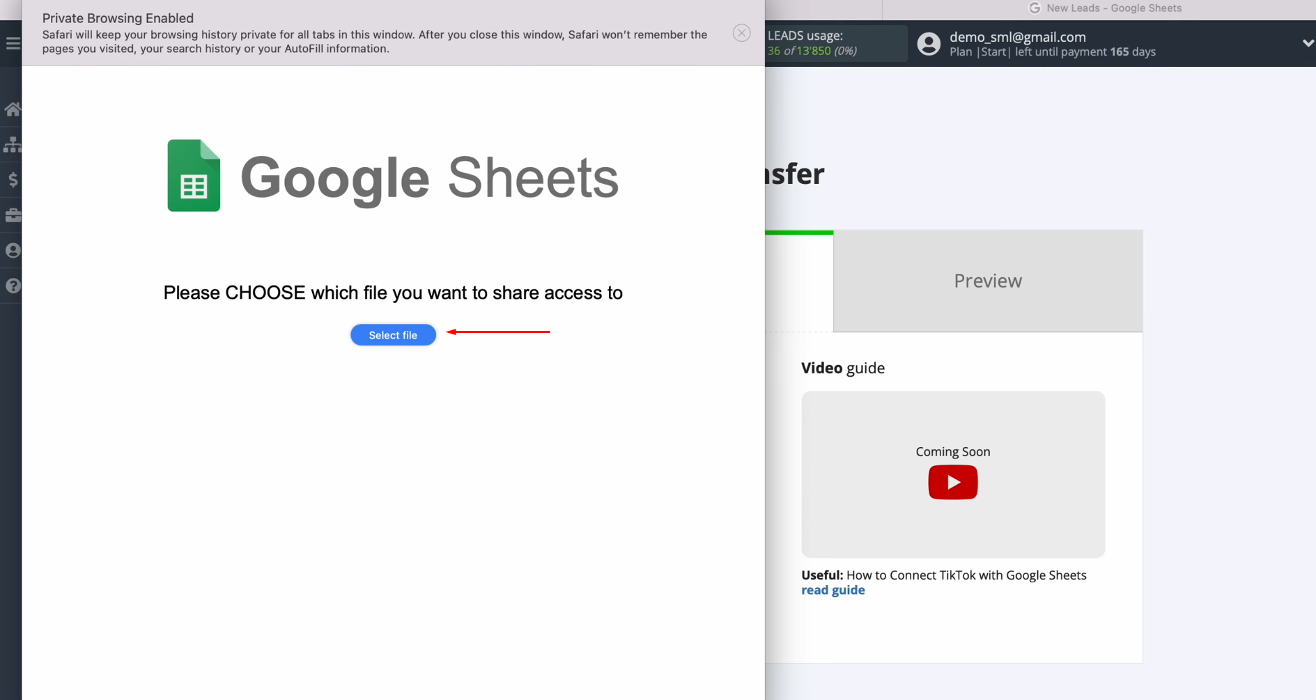 TikTok and Google Sheets integration | Click "Select file" TikTok and Google Sheets integration | Click "Select file"