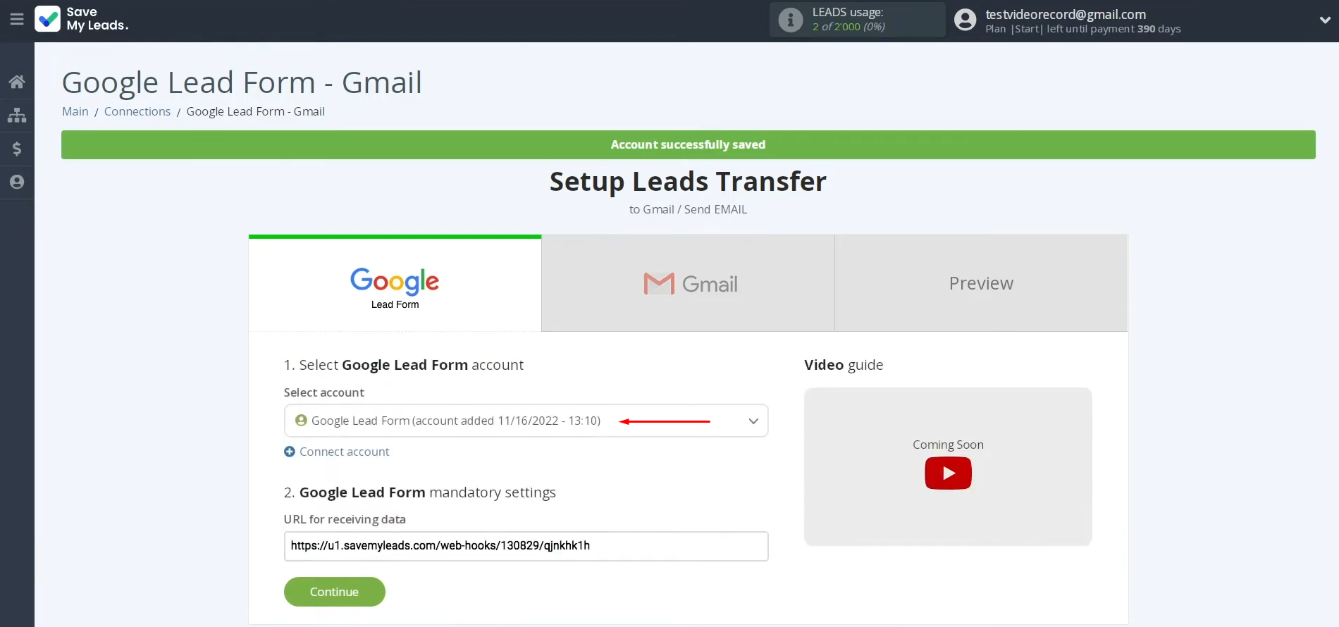 Google Lead Form and Gmail integration | Select the created account Google Lead Form and Gmail integration | Select the created account