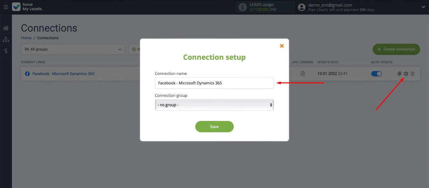 Facebook and Microsoft Dynamics 365 integration | Change connection name Facebook and Microsoft Dynamics 365 integration | Change connection name
