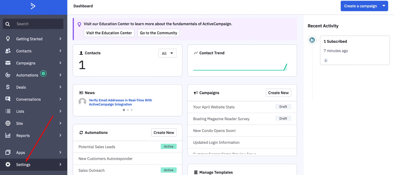 Facebook and ActiveCampaign integration | In ActiveCampaign go to the “Settings” section Facebook and ActiveCampaign integration | In ActiveCampaign go to the “Settings” section 