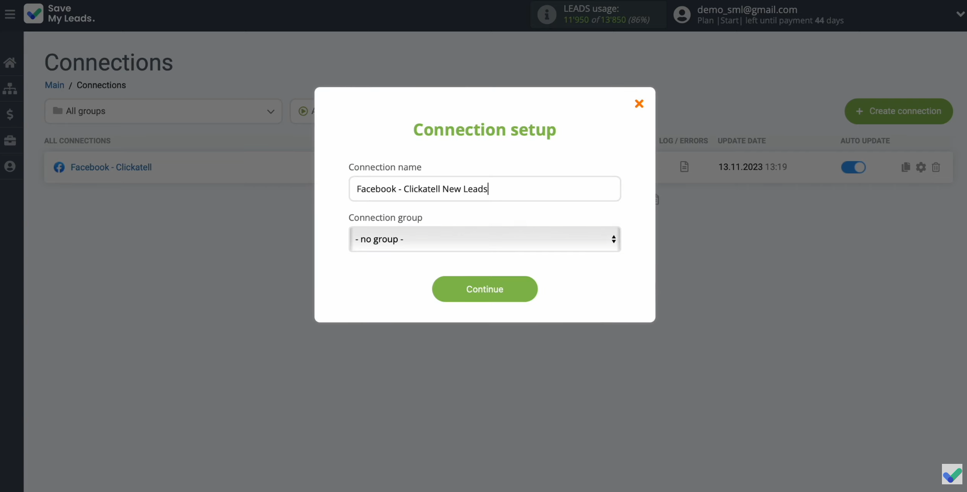 Facebook and Clickatell integration | Change the connection name and add it to the group Facebook and Clickatell integration | Change the connection name and add it to the group