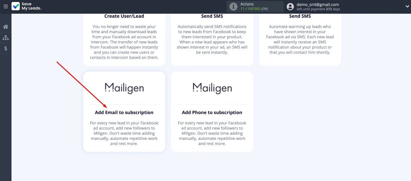 Facebook and Mailigen integration | Select template for setting up integration Facebook and Mailigen integration | Select template for setting up integration