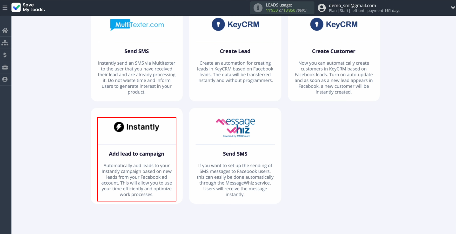 Facebook Instantly integration | Select the system where you want to transfer new leads Facebook Instantly integration | Select the system where you want to transfer new leads