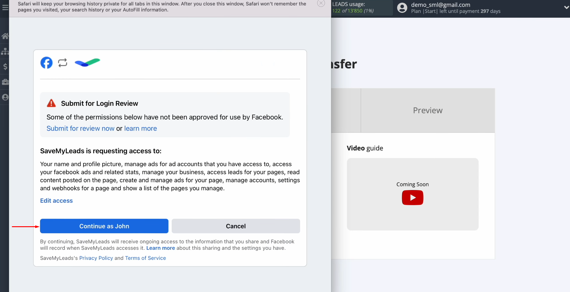 Facebook and Telegram integration | Click “Continue as…” Facebook and Telegram integration | Click “Continue as…”