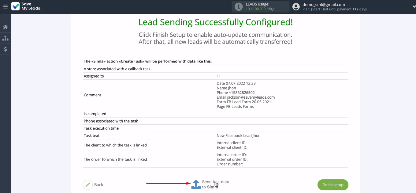 Facebook and Simla integration | Send test data to Simla Facebook and Simla integration | Send test data to Simla