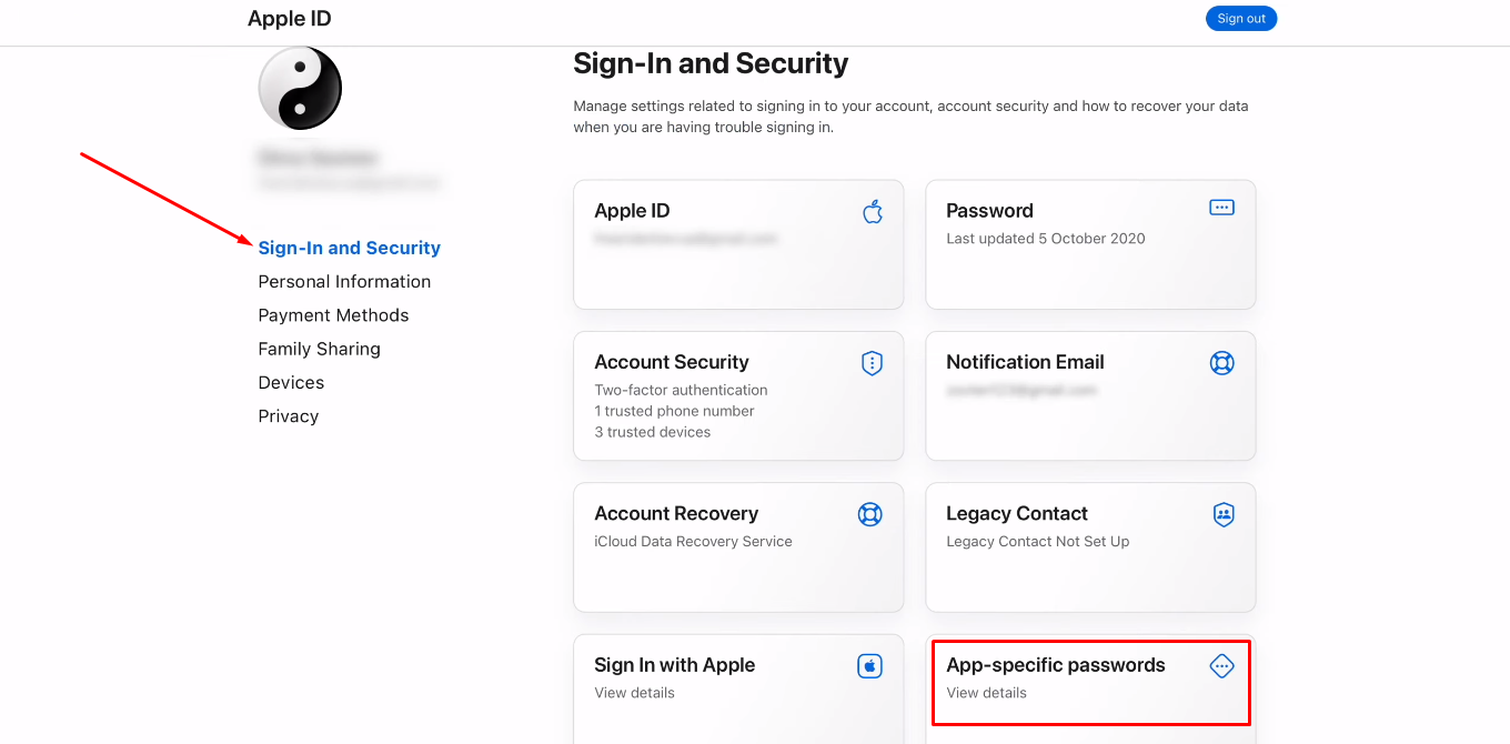 Facebook and iCloud integration | Select "App-specific passwords" section Facebook and iCloud integration | Select "App-specific passwords" section