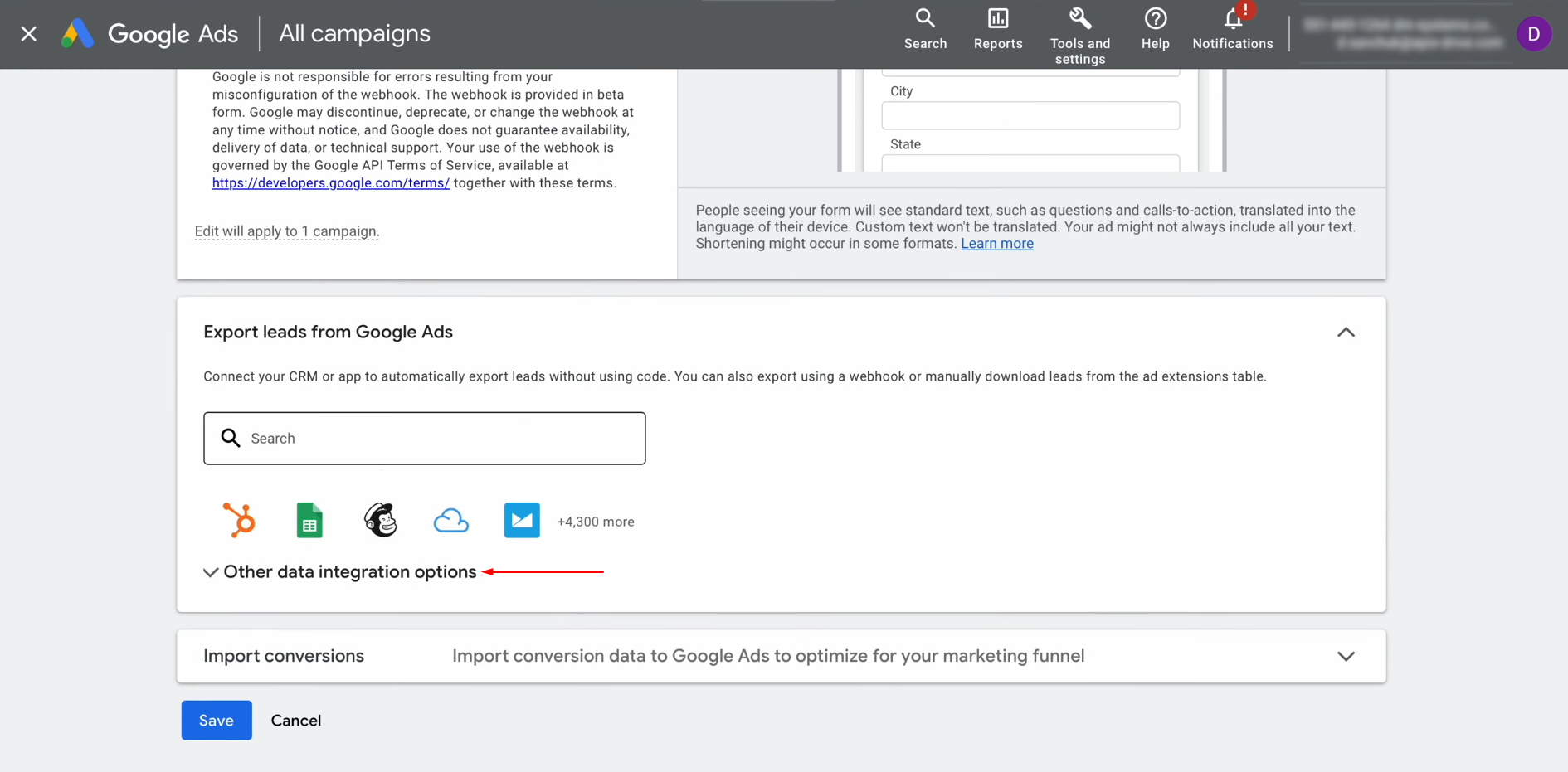Google Ads Lead Form and Vbout integration | Go to the “Other data integration options” tab Google Ads Lead Form and Vbout integration | Go to the “Other data integration options” tab