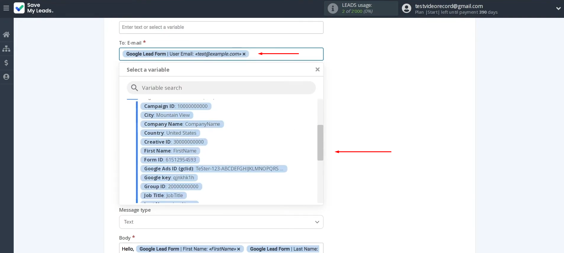 Google Lead Form and Gmail integration | Gmail fields where you can assign variables from the Google Lead Form Google Lead Form and Gmail integration | Gmail fields where you can assign variables from the Google Lead Form