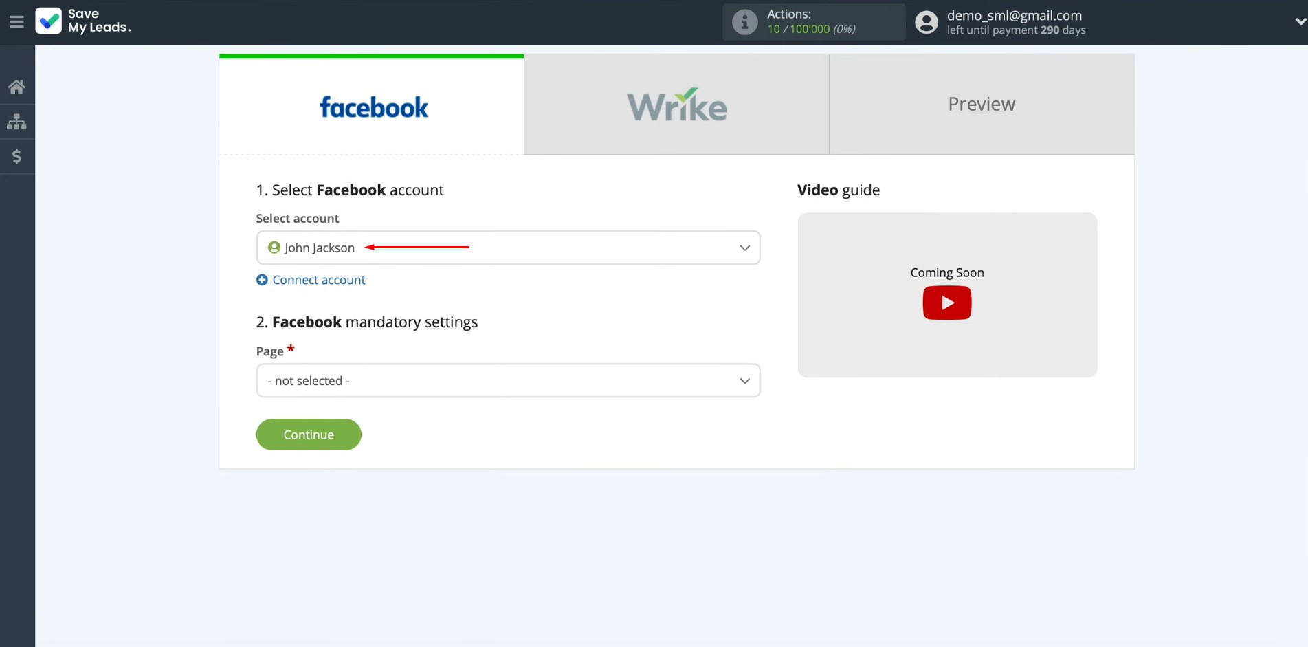 Facebook and Wrike integration | Select the connected account Facebook and Wrike integration | Select the connected account