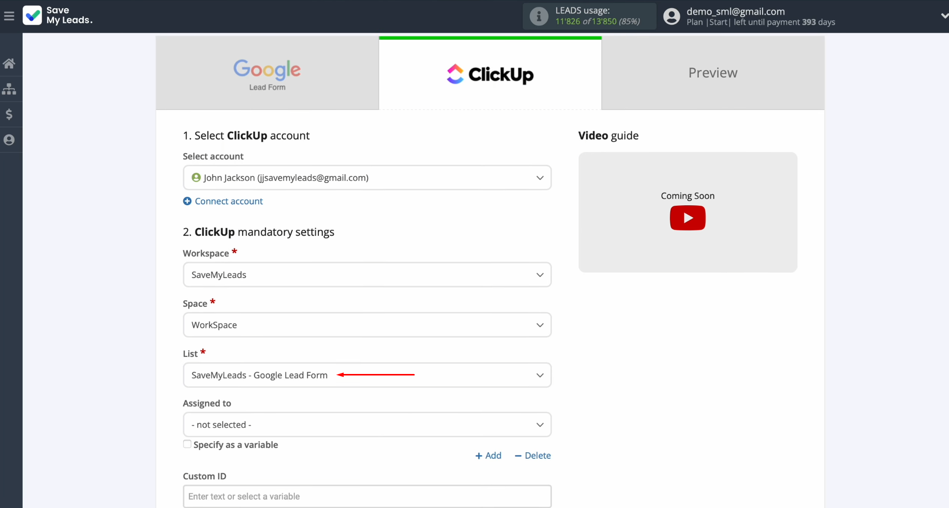 Google Ads Lead Form and ClickUp integration | Choose the list Google Ads Lead Form and ClickUp integration | Choose the list