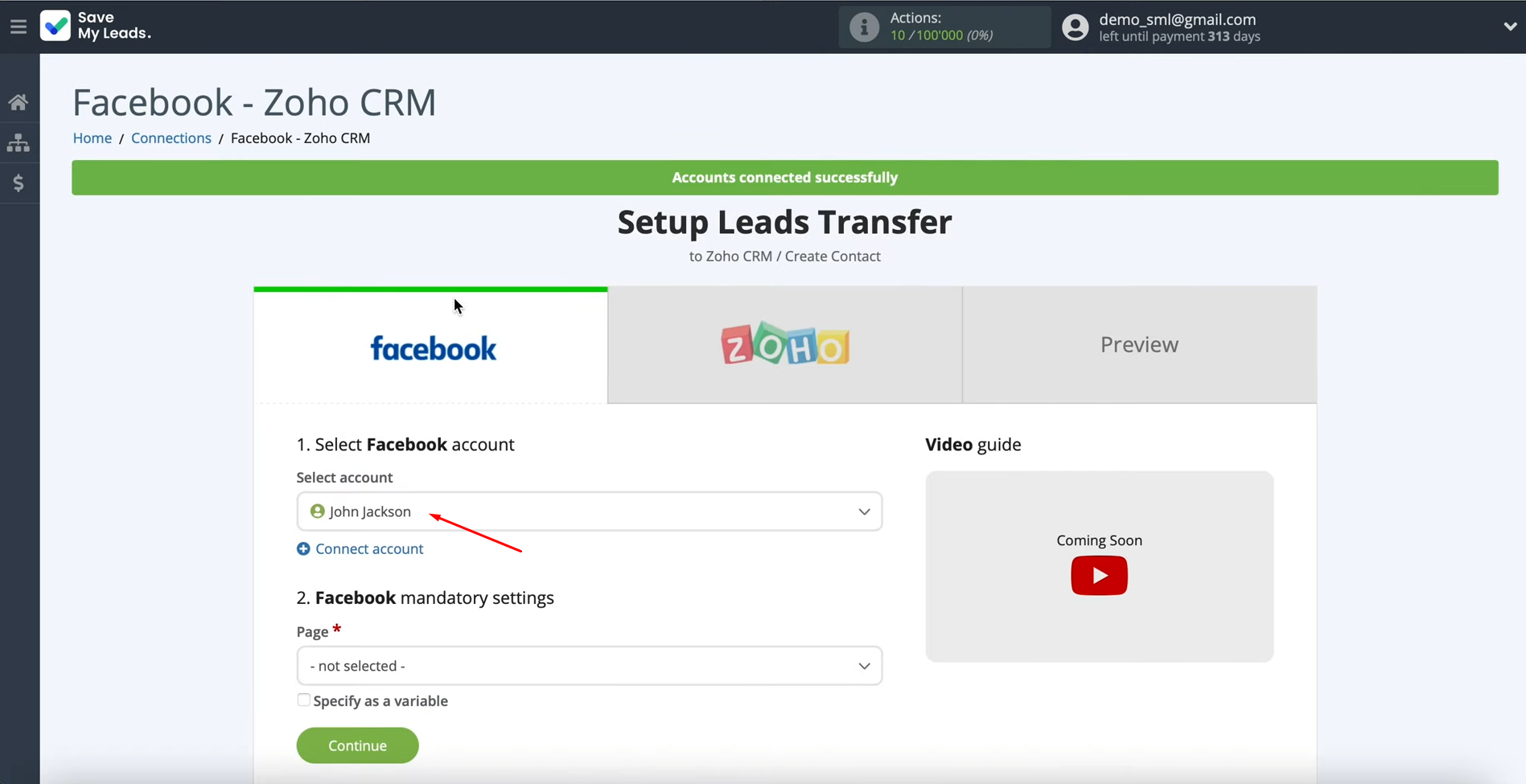 Facebook Lead Ads and Zoho CRM integration | Select the connected account Facebook Lead Ads and Zoho CRM integration | Select the connected account