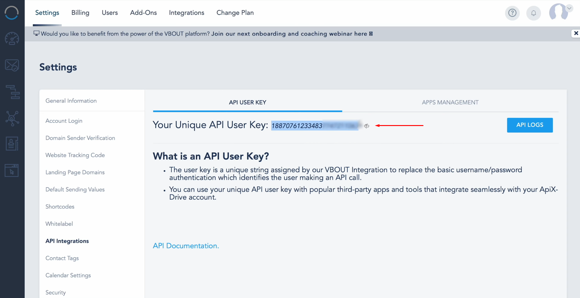 Facebook and Vbout integration | Copy the API key Facebook and Vbout integration | Copy the API key