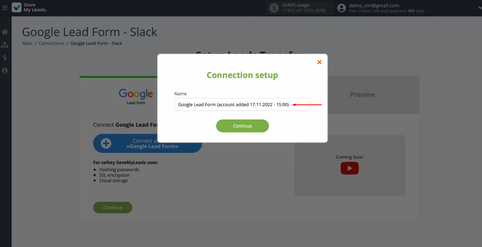 Google Lead Form and Slack integration | Give a name to this account or just click “Continue” Google Lead Form and Slack integration | Give a name to this account or just click “Continue”