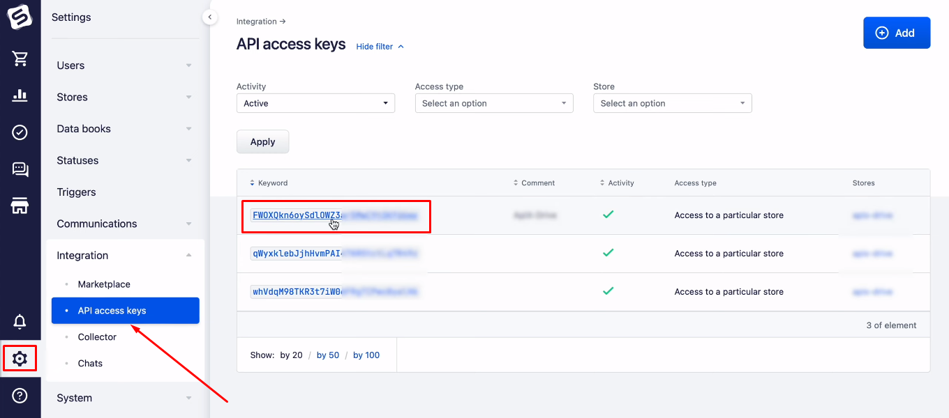 Facebook and Simla integration | Click on the active API key Facebook and Simla integration | Click on the active API key