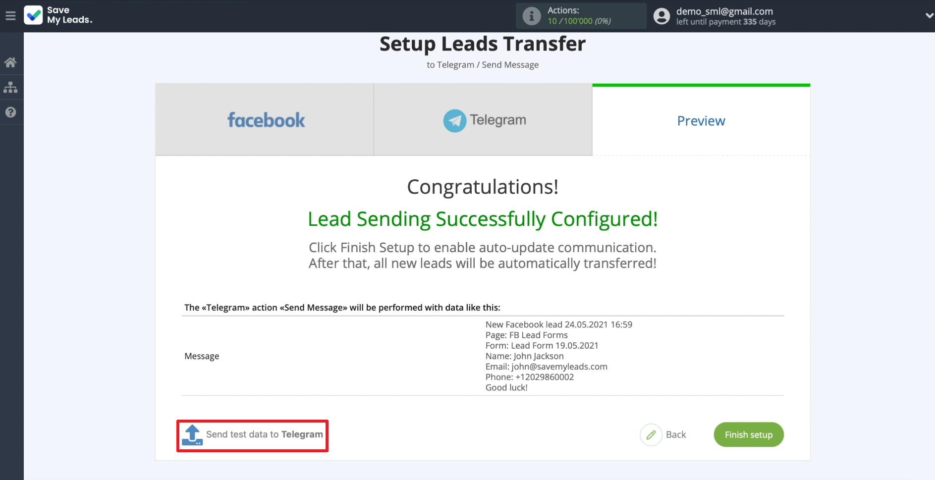 How to set up the upload of new leads from a Facebook advertising account in Telegram | Example message with lead details How to set up the upload of new leads from a Facebook advertising account in Telegram | Example message with lead details