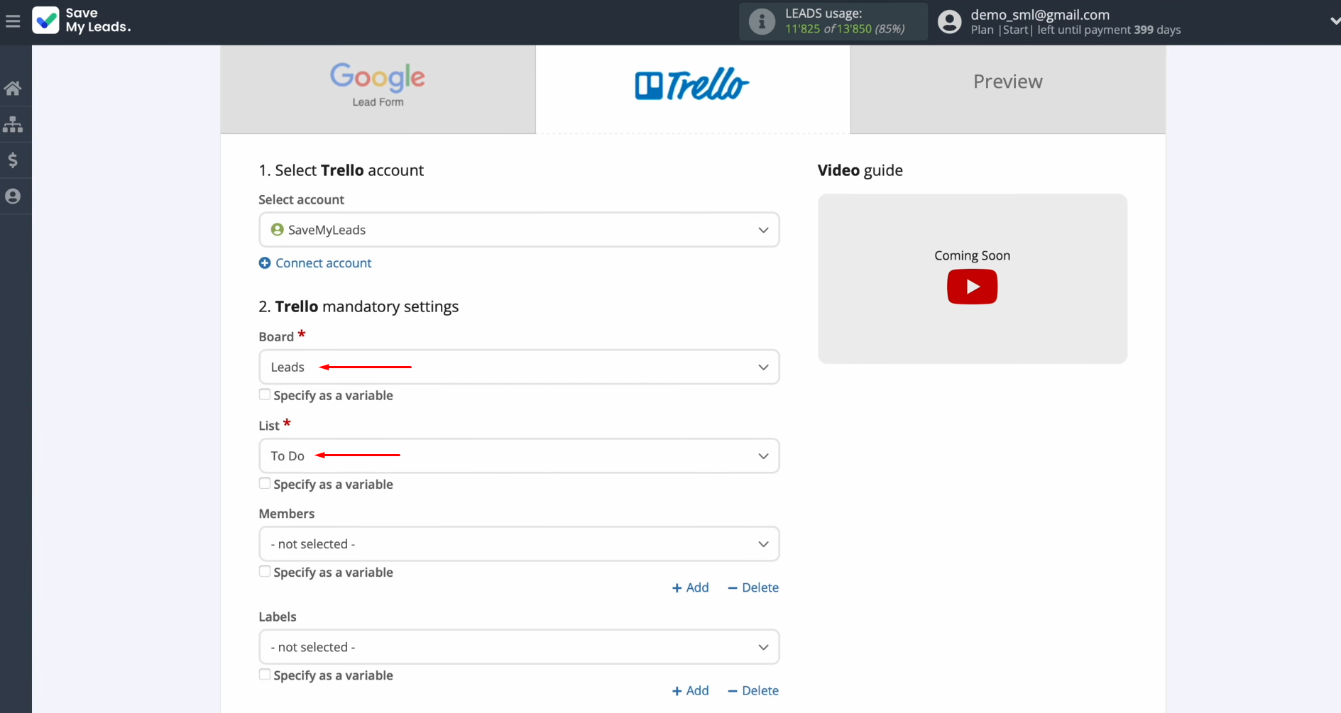 Google Lead Form and Trello integration | Select the board and choose a list Google Lead Form and Trello integration | Select the board and choose a list