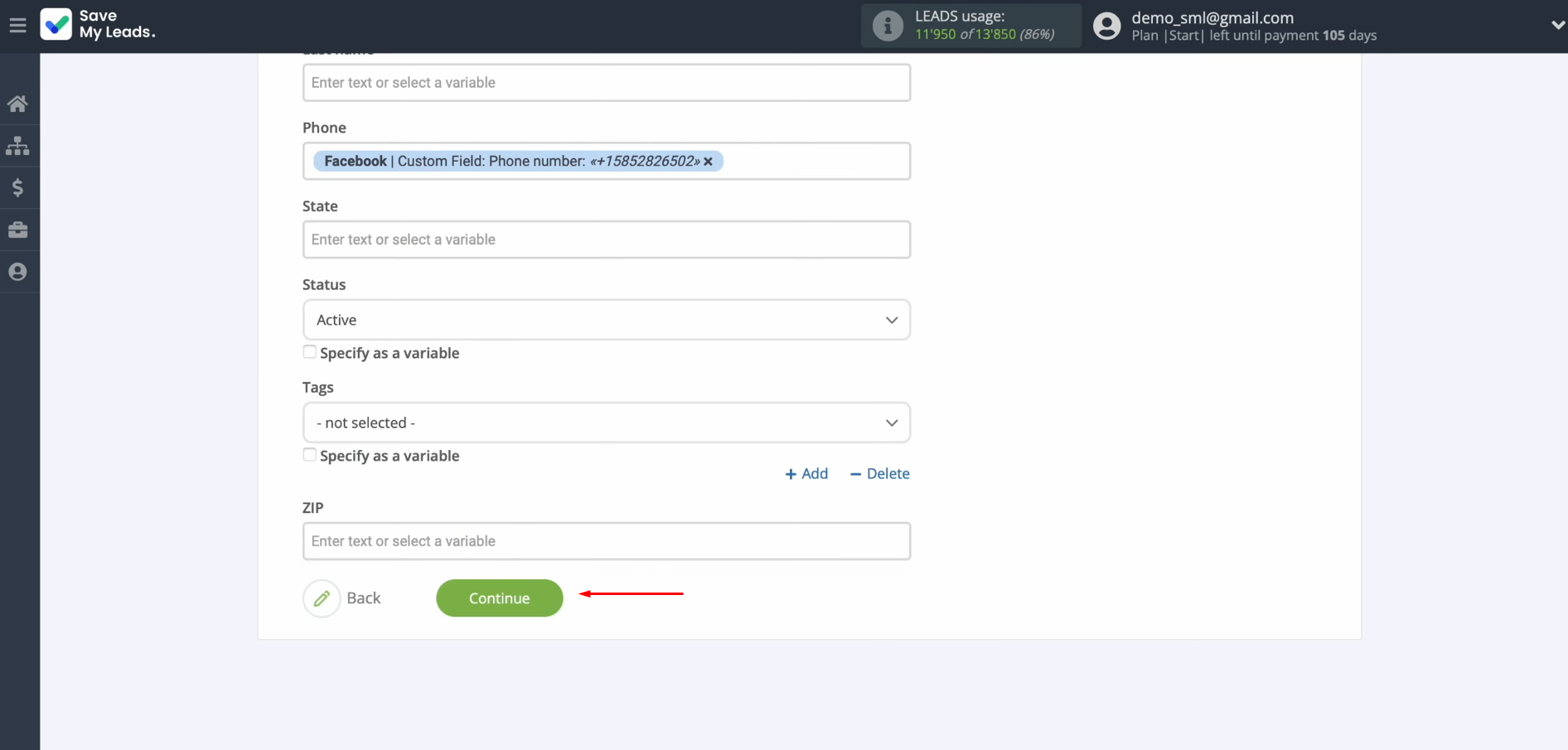 Facebook and Drip integration | Click "Continue"<br> Facebook and Drip integration | Click "Continue"<br>