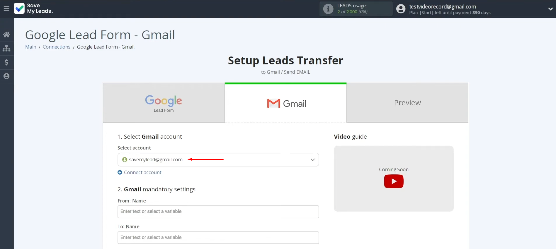Google Lead Form and Gmail integration | Select the connected account Google Lead Form and Gmail integration | Select the connected account